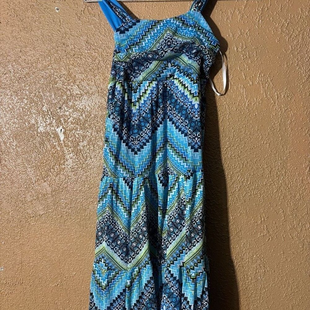 I.N. girl Blue Green Geometric Aztec Print Tiered Dress Size 10